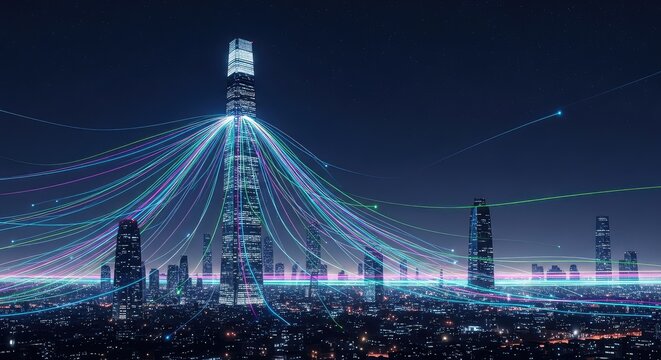 A futuristic night city view with vibrant glowing data lines and light trails connecting skyscrapers in a digital global network concept, illumination, motion, background