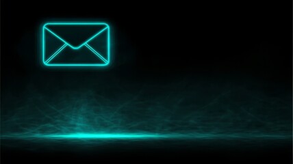 Fototapeta premium Neon blue glowing mail envelope icon floating above dark abstract smoky background texture.