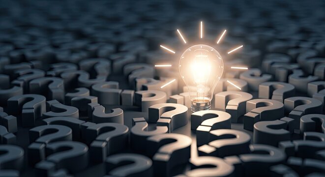 A glowing light bulb illuminates a field of question marks. The light shines brightly, highlighting a single question mark amidst the scattered symbols.
