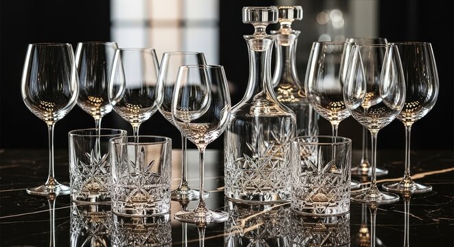 A collection of elegant crystal glassware is arranged on a dark marble surface. The glassware includes wine glasses, champagne flutes, rocks glasses, and a decanter.