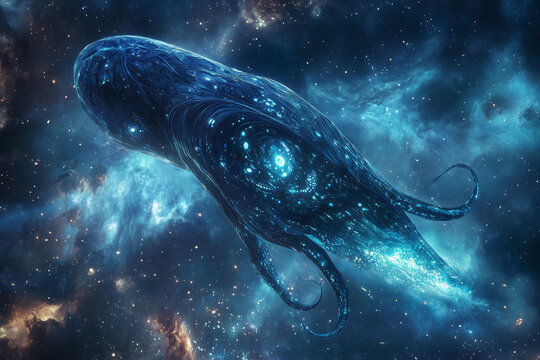 Alien spaceship in the form of a giant squid flying in space concept background.