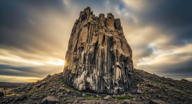 A towering, dark gray rock formation rises dramatically from a rocky landscape. The rock displays vertical striations and a rugged texture.