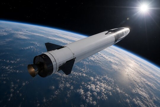 A sleek white and black rocket-like spacecraft with fins and an engine nozzle, soaring above Earth's curved horizon with the sun shining brightly in space.