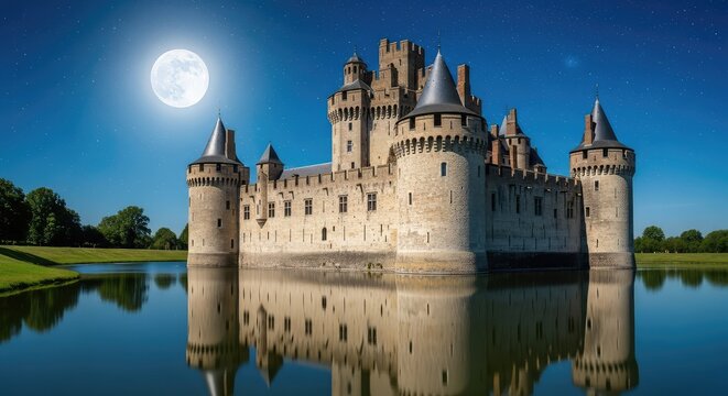 A majestic medieval stone castle stands under a bright full moon and starry sky, its ancient towers reflected in the calm waters of a moat, bastion, evening, fairytale