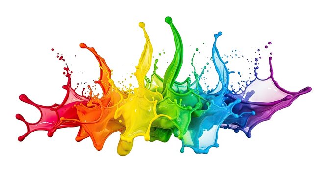 Vibrant paint splashes explode across a white background, creating a dynamic rainbow effect. The colors blend and swirl, resembling a burst of energy and creativity.