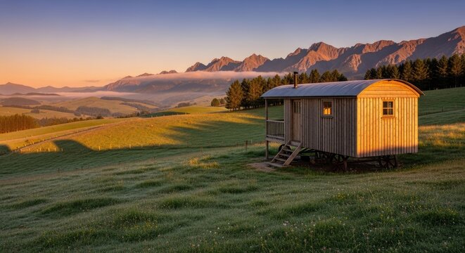 A rustic wooden shepherd's hut sits on a grassy hillside, bathed in the warm light of a sunrise.