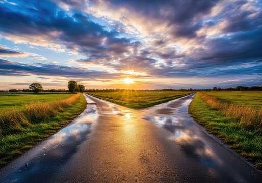 A rural asphalt path divides into two separate directions under a dramatic sky, representing a significant turning point and future path, opportunity, transition, solitude