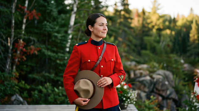 Woman police officer in red iconic uniform holding wide brim hat. Proud Canadian mountie standing outdoors for Canada Day celebration. National holiday patriotism and identity concept.