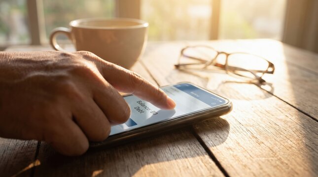 Breaking Free and Overcoming Adversity concept. Person using smartphone with coffee cup and eyeglasses on wooden table