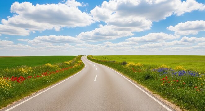 A winding asphalt road stretches into the distance, bordered by vibrant green fields filled with colorful wildflowers.