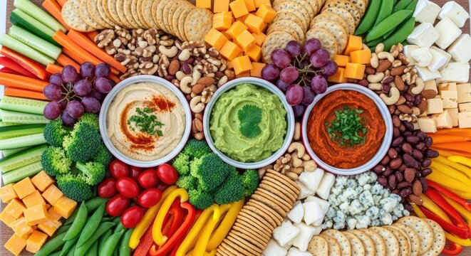 A vibrant charcuterie board overflows with an assortment of colorful vegetables, dips, cheeses, nuts, and fruits.