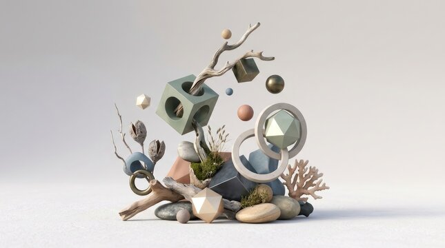 A collection of geometric shapes and natural elements rests on a light gray surface.