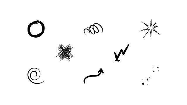 Collection of hand drawn doodle featuring circles, swirls, stars, lightning bolts, arrows, and dots isolated on white background
