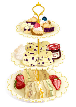 Three-tier afternoon tea tray illustration with mini pies and tarts, scones with clotted cream and raspberry jam, and finger sandwiches with strawberries, vector isolated