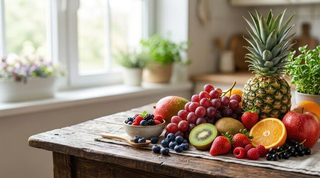 A vibrant fruit arrangement sits on a rustic wooden table. A pineapple, apples, oranges, grapes, blueberries, raspberries, kiwi, and strawberries are displayed.