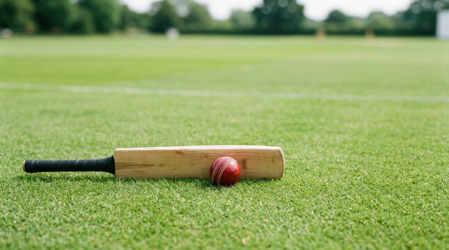 A cricket bat rests on a green lawn, with a cricket ball positioned in front of it. The scene depicts a cricket match in progress, with a blurred background of a cricket ground and trees.