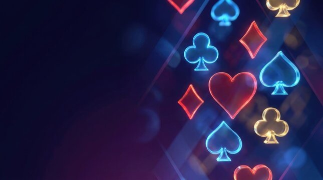 Neon playing cards float against a dark blue background. Red and blue hearts, clubs, diamonds, and spades glow with a bright, digital light.