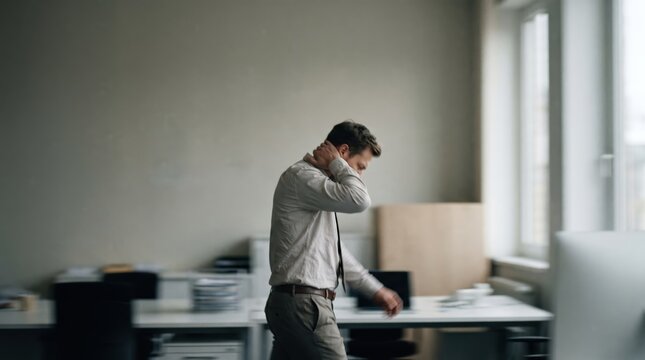Business Worker Pacing with Hand on Neck Representing Overwhelming Work Pressure