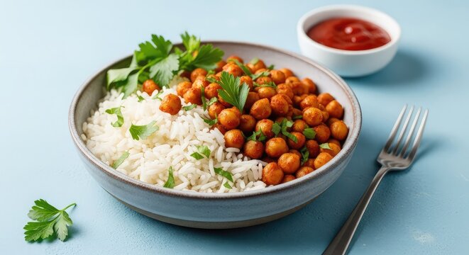 A wholesome vegan grain bowl featuring fluffy white rice, seasoned chickpeas, and fresh green parsley served in a rustic ceramic dish, organic, ingredient, dinner