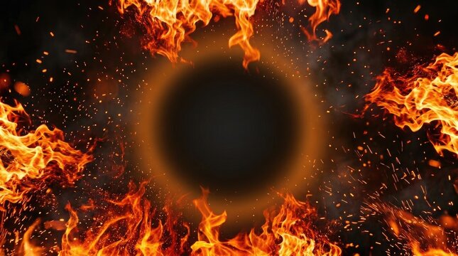 A dynamic image of intense flames engulfing a dark background. The flames exhibit a vibrant orange and yellow color palette, with swirling patterns and sparks scattering throughout.