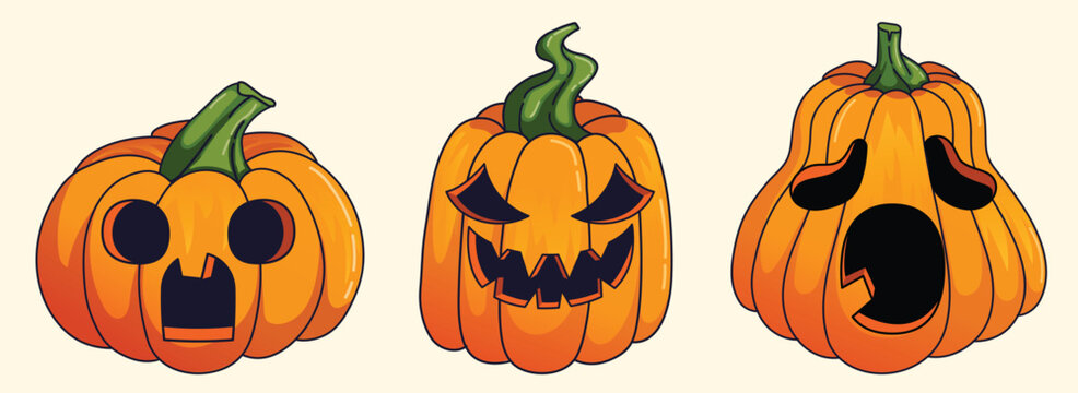 Spooky, cute and yawning pumpkins collection in different shapes, three carved Halloween jack-o-lantern faces including surprised, mischievous grin and sleepy expressions, hand-drawn illustration