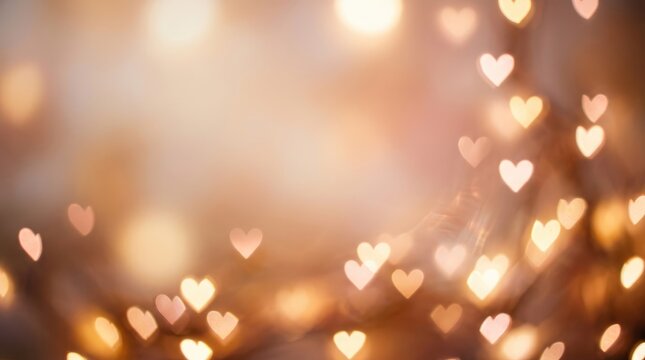 Many small, glowing hearts float in a soft, warm, bokeh background. The hearts create a romantic and dreamy atmosphere.