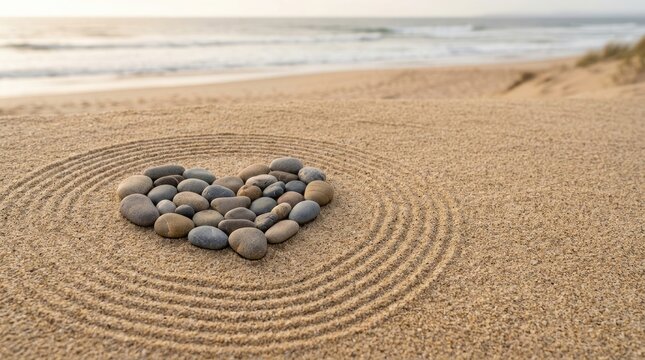 A person carefully draws a heart shape in the sand on a beach. The heart is formed by a collection of smooth, grey stones.