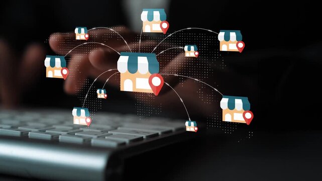 Digital representation of online retail concept with store icons and location markers on a keyboard background illustrating e-commerce and connectivity Gluon.