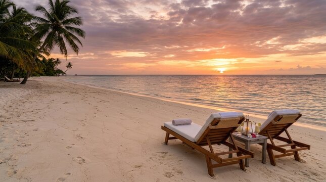 Two lounge chairs sit on a pristine white sand beach, facing a calm ocean. A vibrant sunset paints the sky with hues of orange, pink, and purple.