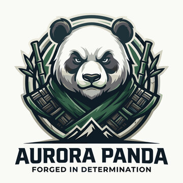 Aurora Panda Mascot Logo &ndash; Fierce Panda with Bamboo and Mountain Emblem Vector Design