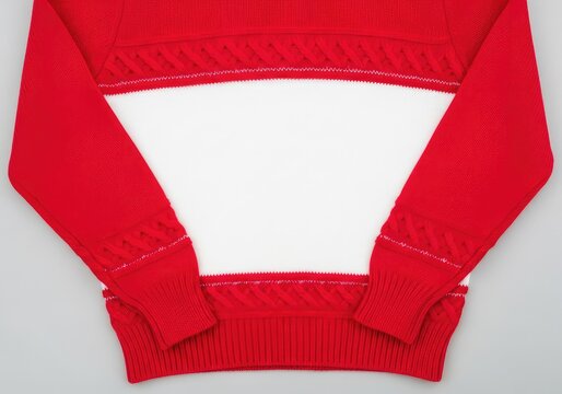 Close-up of a vibrant red knit sweater featuring an intricate border pattern and a clean white middle section for a minimal seasonal aesthetic, pullover, decorative, traditional