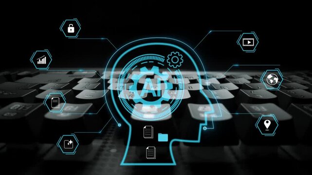 Digital representation of artificial intelligence concept with gears and icons on a keyboard with a dark background, emphasizing technology and innovation Gluon.
