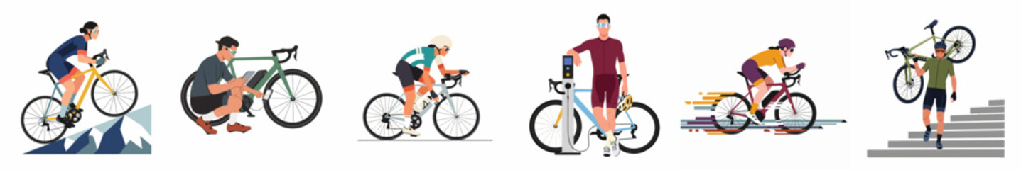 Fototapeta premium Set of diverse flat vector illustrations featuring men and women cyclists with electric road bikes for sports, commuting, and modern lifestyle.