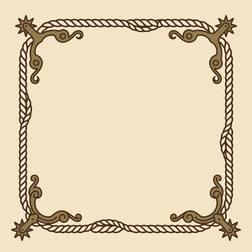 A rustic western rope frame with metal spurs