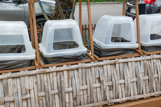 Recycling and Waste assorting trashcans on the street at a in Japan,Japanese garbage.