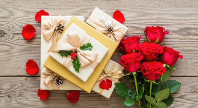 Elegant gift boxes and fresh red roses rest on a rustic wooden table from above, offering ample copy space for holiday greetings, bouquet, still life, petal
