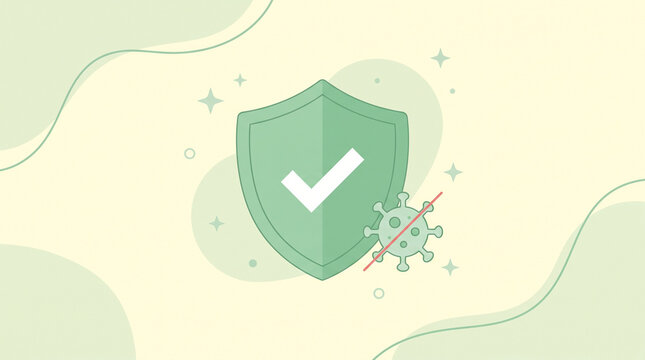 Shield icon with check mark. Virus protection symbol for health safety. Immune system defense concept.