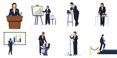 Fototapeta premium Professional Businesswoman Vector Illustrations Set Showing Various Activities Like Public Speaking, Presenting, and Working, Representing Career Growth and Leadership