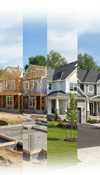 Stages of residential house construction shown in vertical collage. Development from foundation and timber framing to finished modern building exterior. Real estate and property growth.