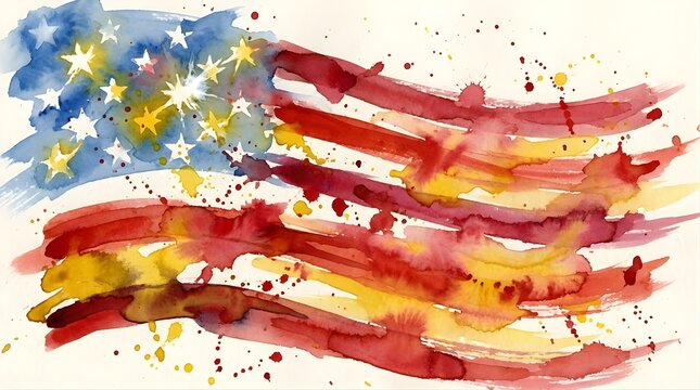 Watercolor painting of United States flag with artistic paint splatters and stars.