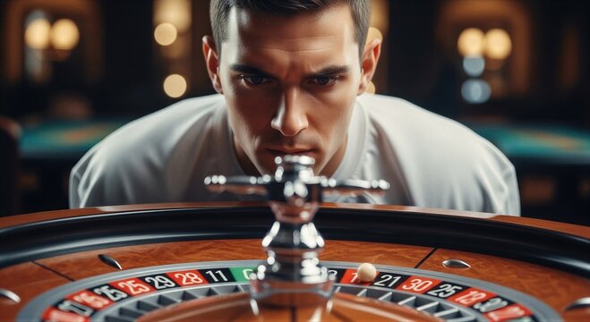 Man watching roulette wheel at casino table. Determined gambler staring at ball as it spins on roulette. Entertainment, gaming, wealth and risk strategy concept for luxury nightlife.