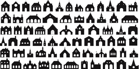 Black and white line of 100 historic castle silhouettes on white background, line historic castles medieval architecture © Mamun