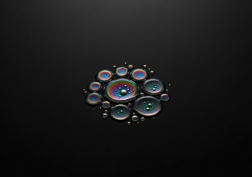 Luminous oil droplets float across a deep black surface, creating a complex pattern of shimmering spheres and iridescent organic shapes, design, celestial, glossy