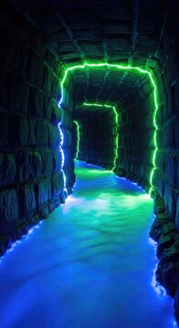 Luminous water flows inside a dark stone tunnel, casting bright reflections on walls. The underground stream glows with an ethereal light, moisture, passage, blue