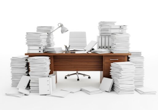 Massive stacks of white paperwork and scattered files overwhelm a wooden office desk in a messy workspace illuminated by bright light, legal, work, indoors
