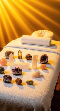 Radiant golden light flows across a serene massage table with crystals and soft linens, creating an atmosphere of deep spiritual healing, luminous, reiki, medicine