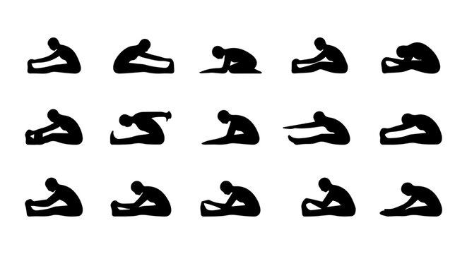 Yoga Poses Vector Silhouettes, Seated Forward Bend Variations, Flexibility Exercise Icons