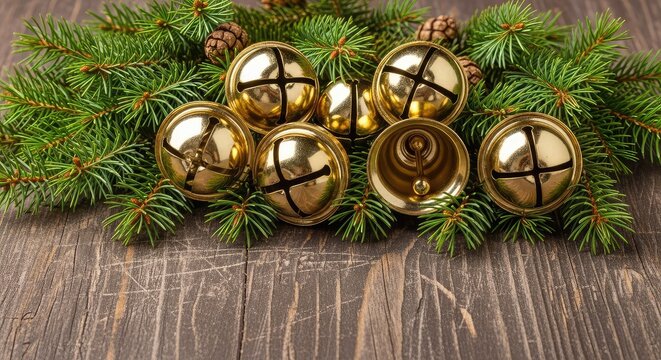 Rustic Christmas scene featuring golden metal bells nestled among fresh green pine branches on a weathered dark brown wooden surface, decoration, detail, traditional