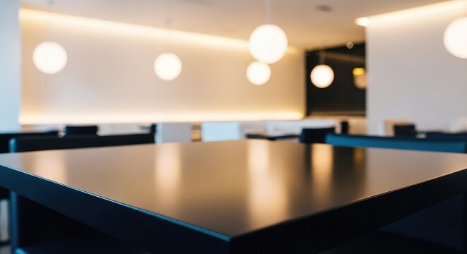Sleek black table in a modern restaurant with a blurred elegant dining area featuring soft ambient lighting and minimalist clean lines, sleek, glow, sophisticated