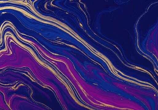 This elegant background features swirling deep blue and vibrant purple liquid marble textures accented with shimmering metallic gold veins, ink, shimmer, abstract